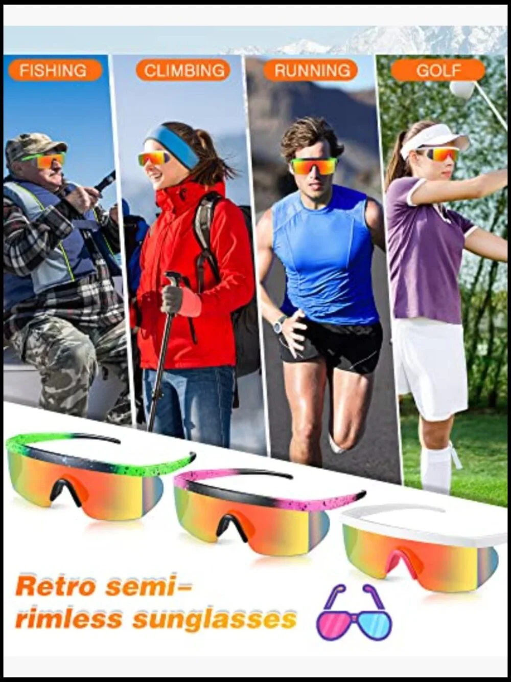 3 Pair Neon Retro Mirrored Sunglasses Semi Rimless PC Material Sport